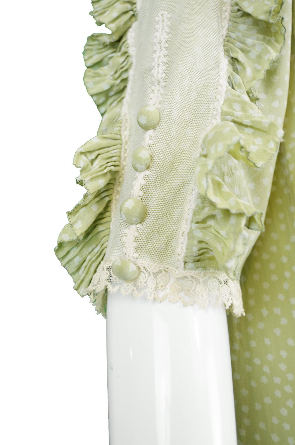 Chloe by Karl Lagerfeld 1970s Vintage Pastel Green Ruffled Silk & Lace Dress 1