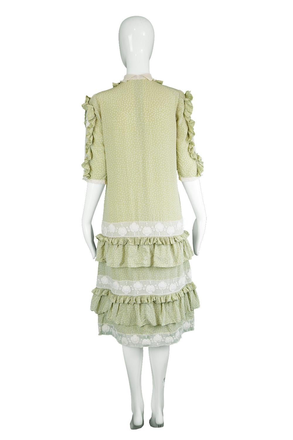 Chloe by Karl Lagerfeld 1970s Vintage Pastel Green Ruffled Silk & Lace Dress 2