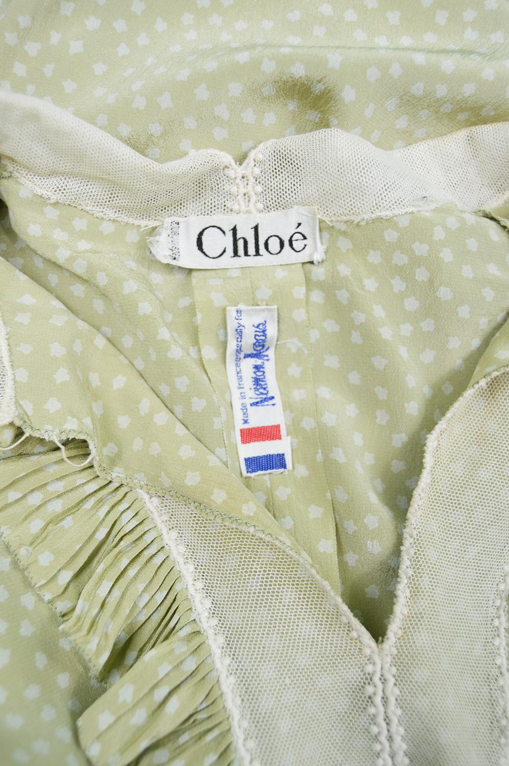 Chloe by Karl Lagerfeld 1970s Vintage Pastel Green Ruffled Silk & Lace Dress 3