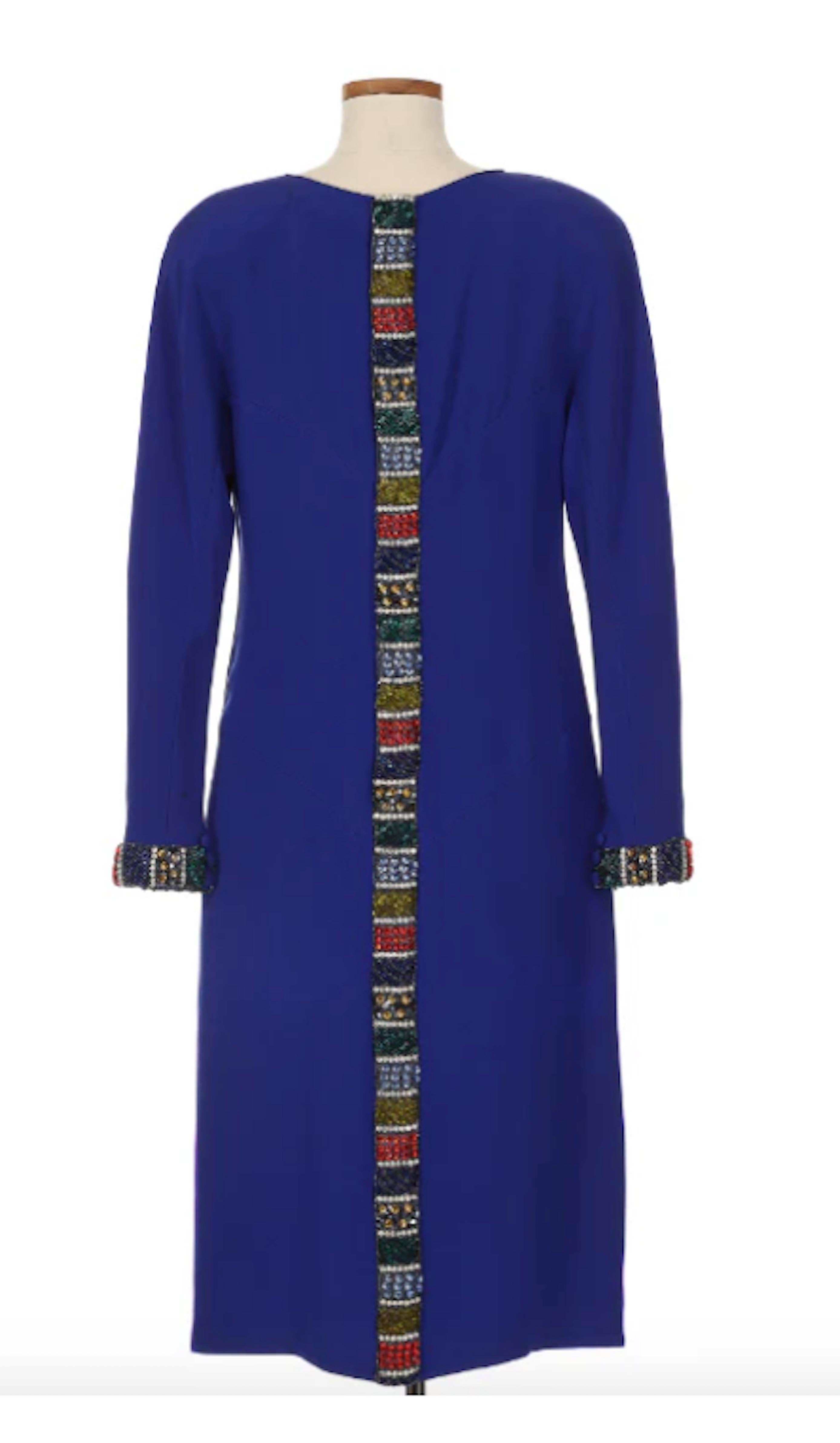 Chloè by Karl Lagerfeld Blue Long Sleeve Dress With Multi Color Sequin. This dress is a sophisticated and elegant piece in a rich blue hue, with multicolor sequin adorned throughout. Throughout Lagerfeld's time at Chloè, his designs never fell short