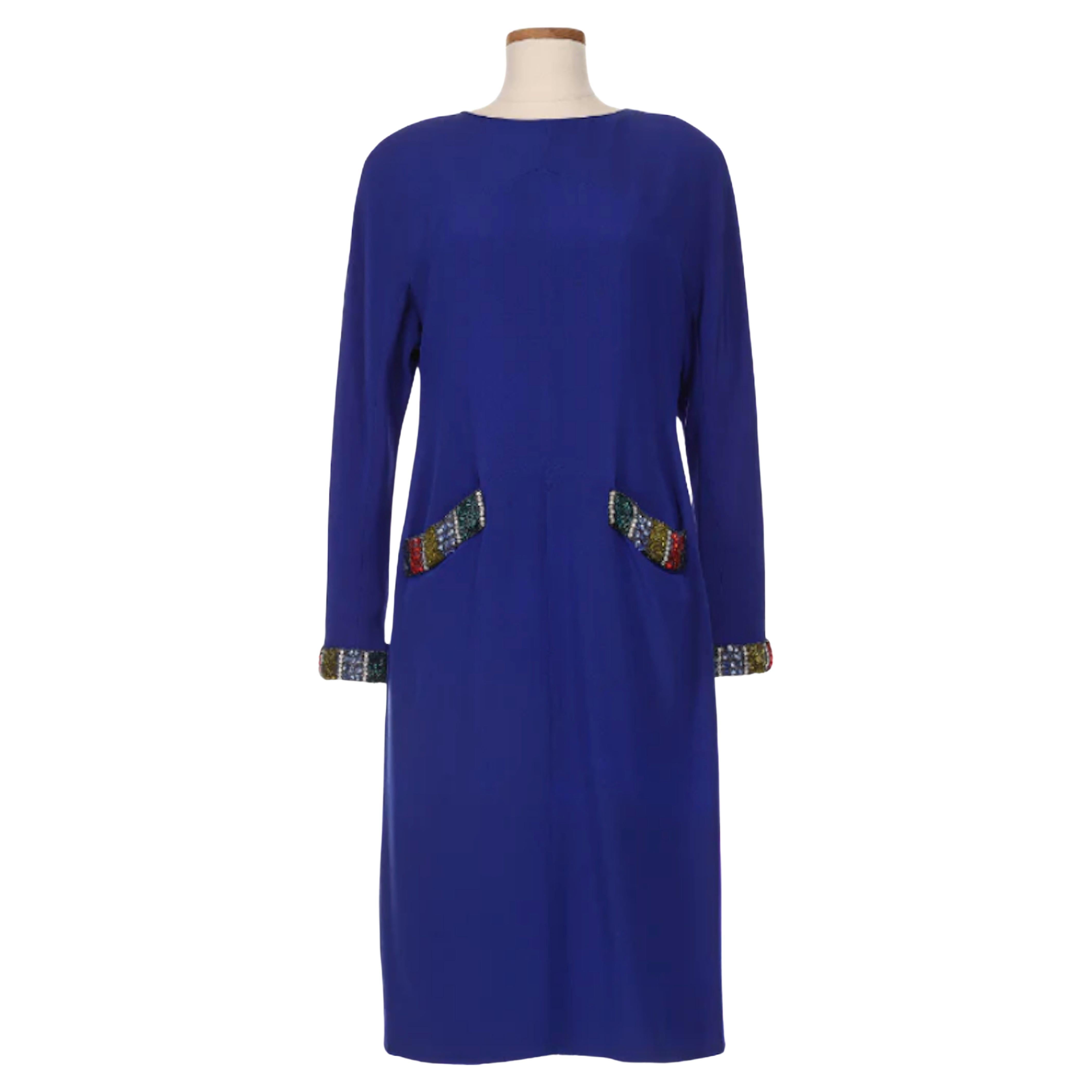 Chloé by Karl Lagerfeld Blue Long Sleeve Dress With Multi Color Sequin  For Sale