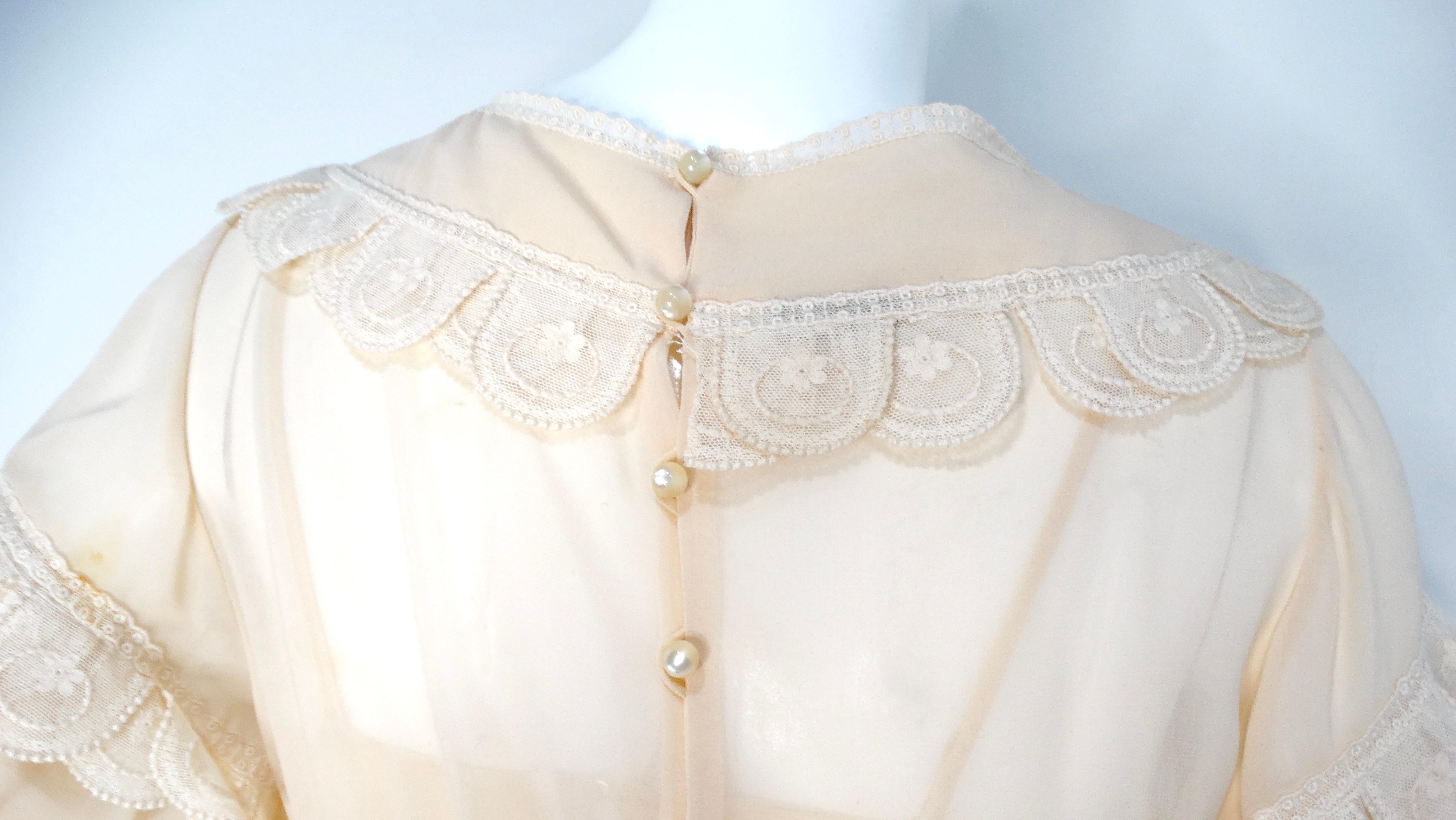 Chloe by Karl Lagerfeld Circa 1970s Cream Blush Tiered Lace & Pleated Dress For Sale 5