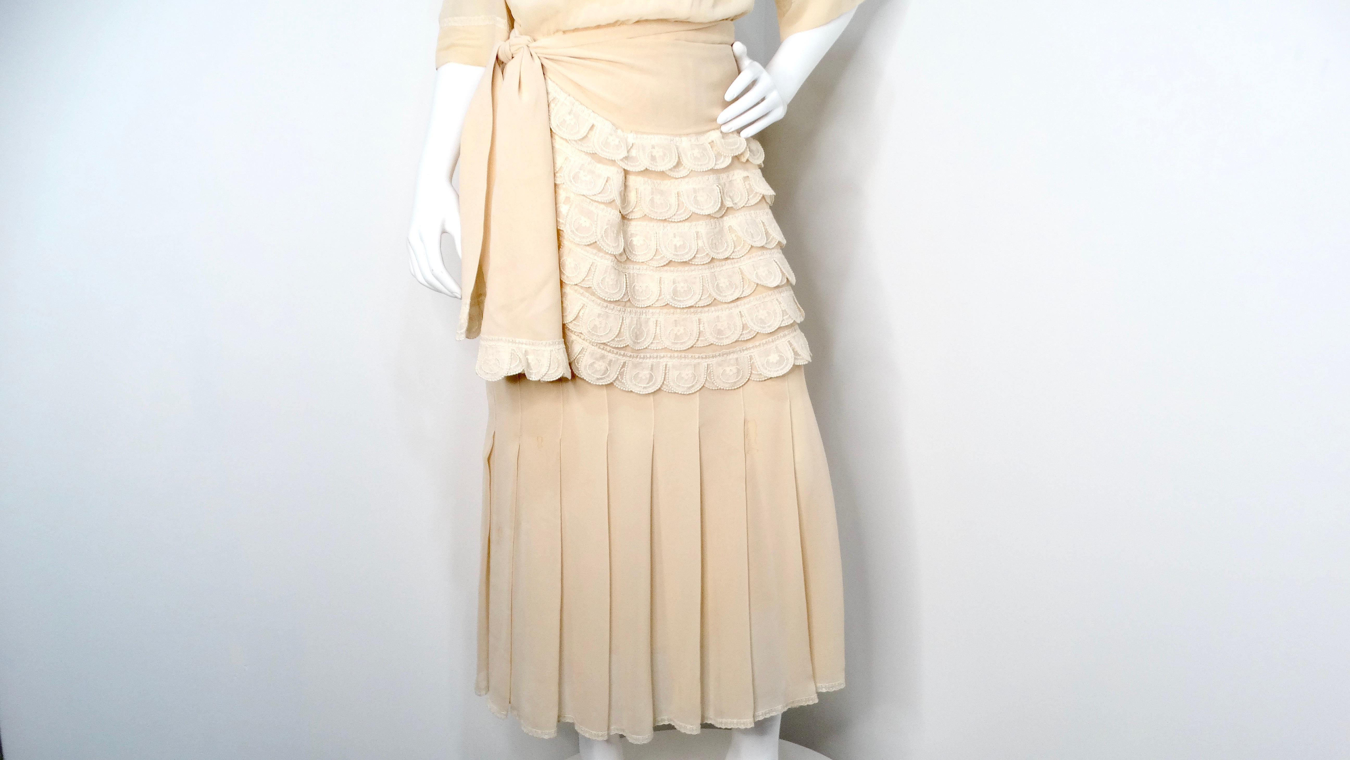 Beige Chloe by Karl Lagerfeld Circa 1970s Cream Blush Tiered Lace & Pleated Dress For Sale