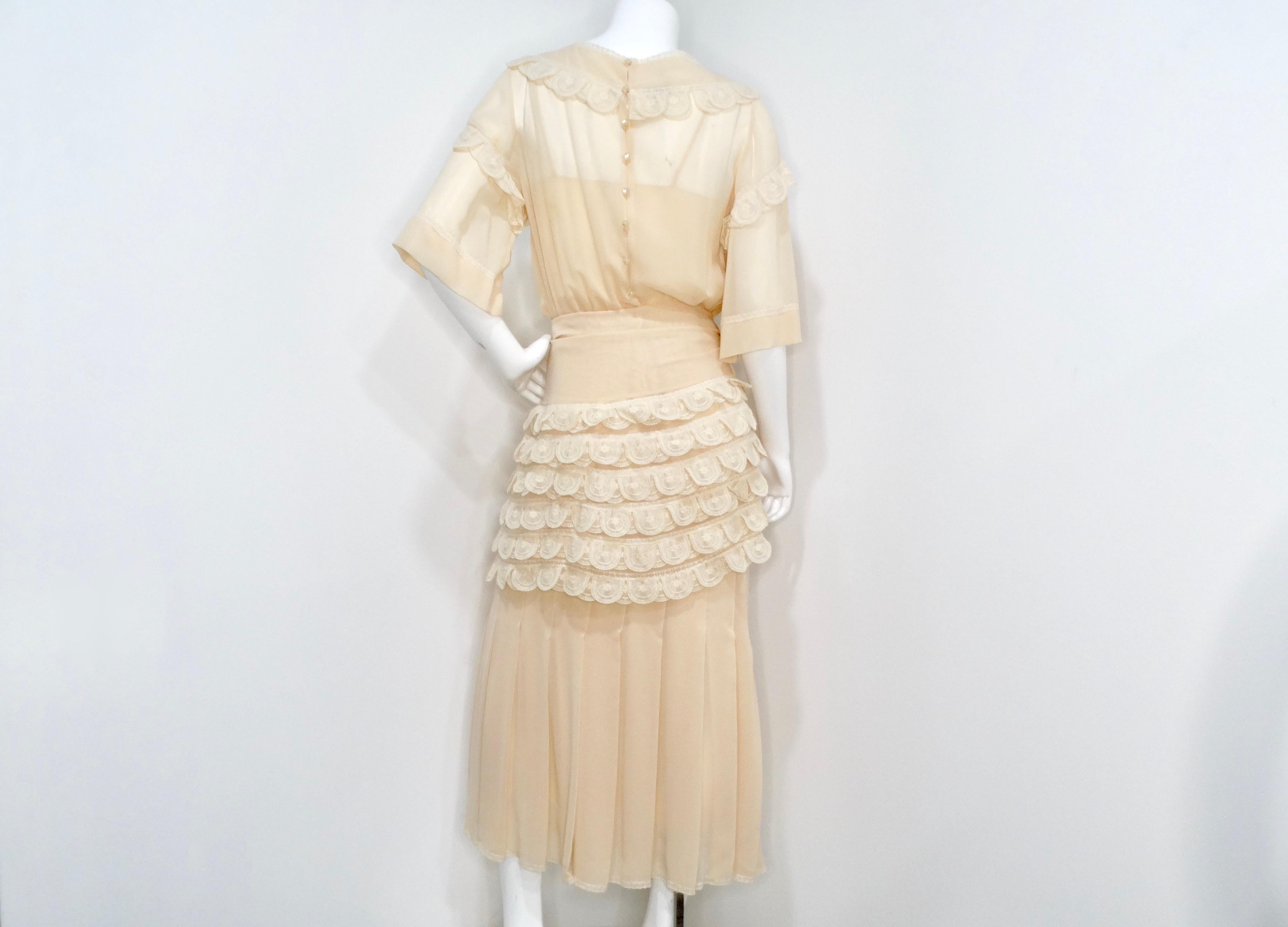 Chloe by Karl Lagerfeld Circa 1970s Cream Blush Tiered Lace & Pleated Dress For Sale 3