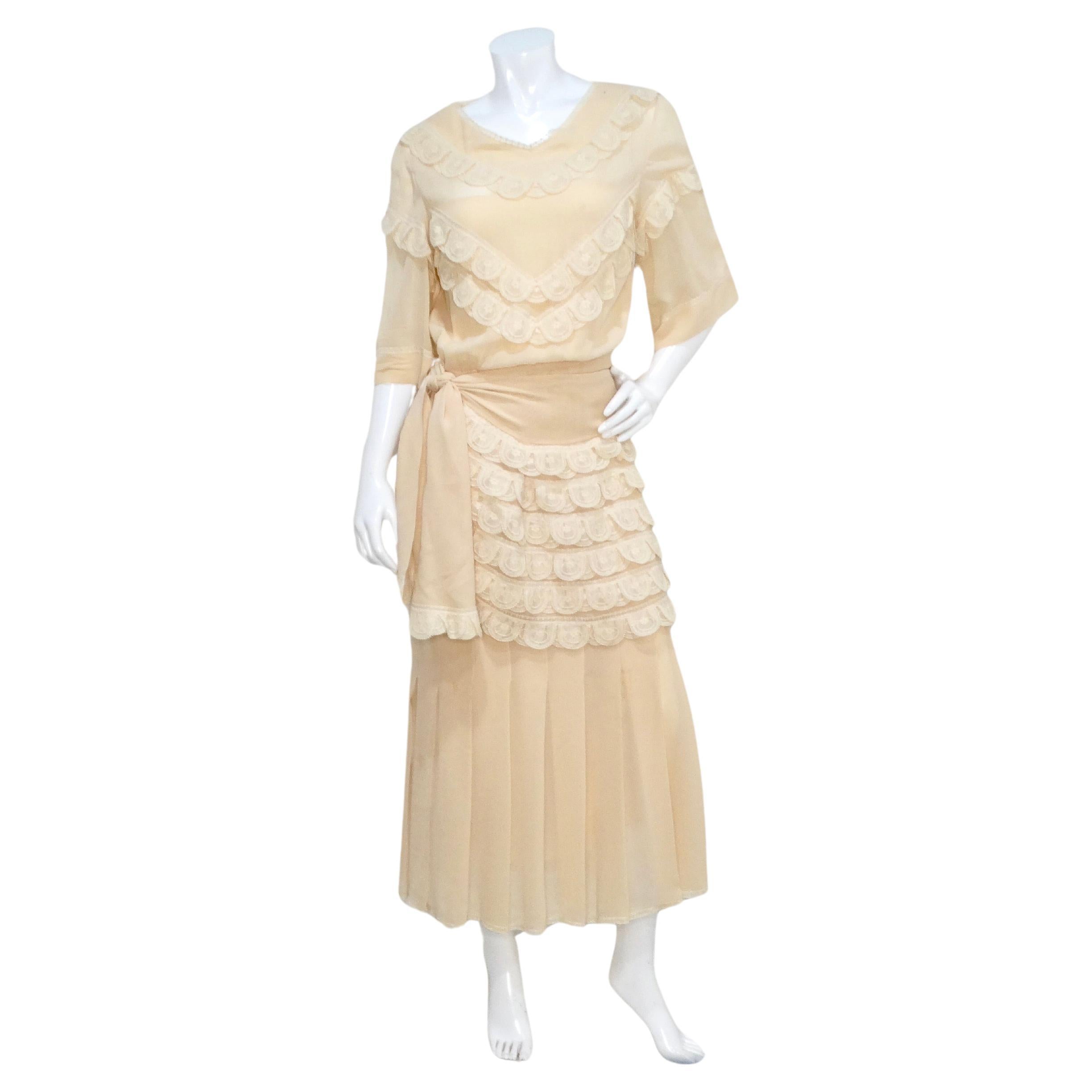 Chloe by Karl Lagerfeld Circa 1970s Cream Blush Tiered Lace & Pleated Dress For Sale