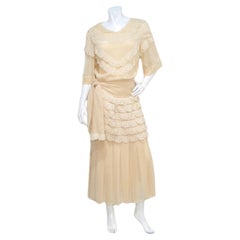 Chloe by Karl Lagerfeld Circa 1970s Cream Blush Tiered Lace & Pleated Dress