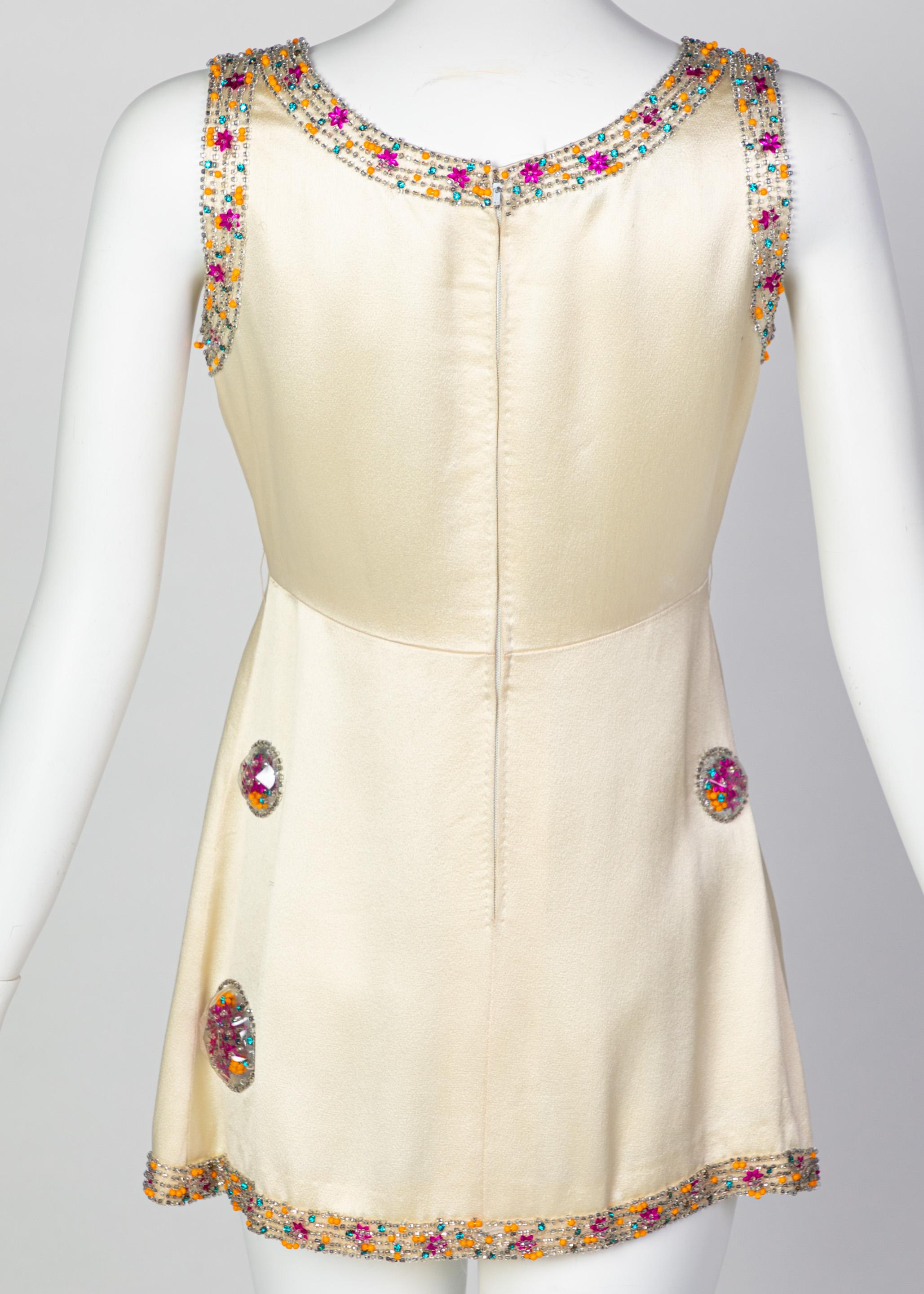 Chloé Karl Lagerfeld Documented Cream Satin Beaded Pod Applique Mini dress, 1969 In Good Condition In Boca Raton, FL