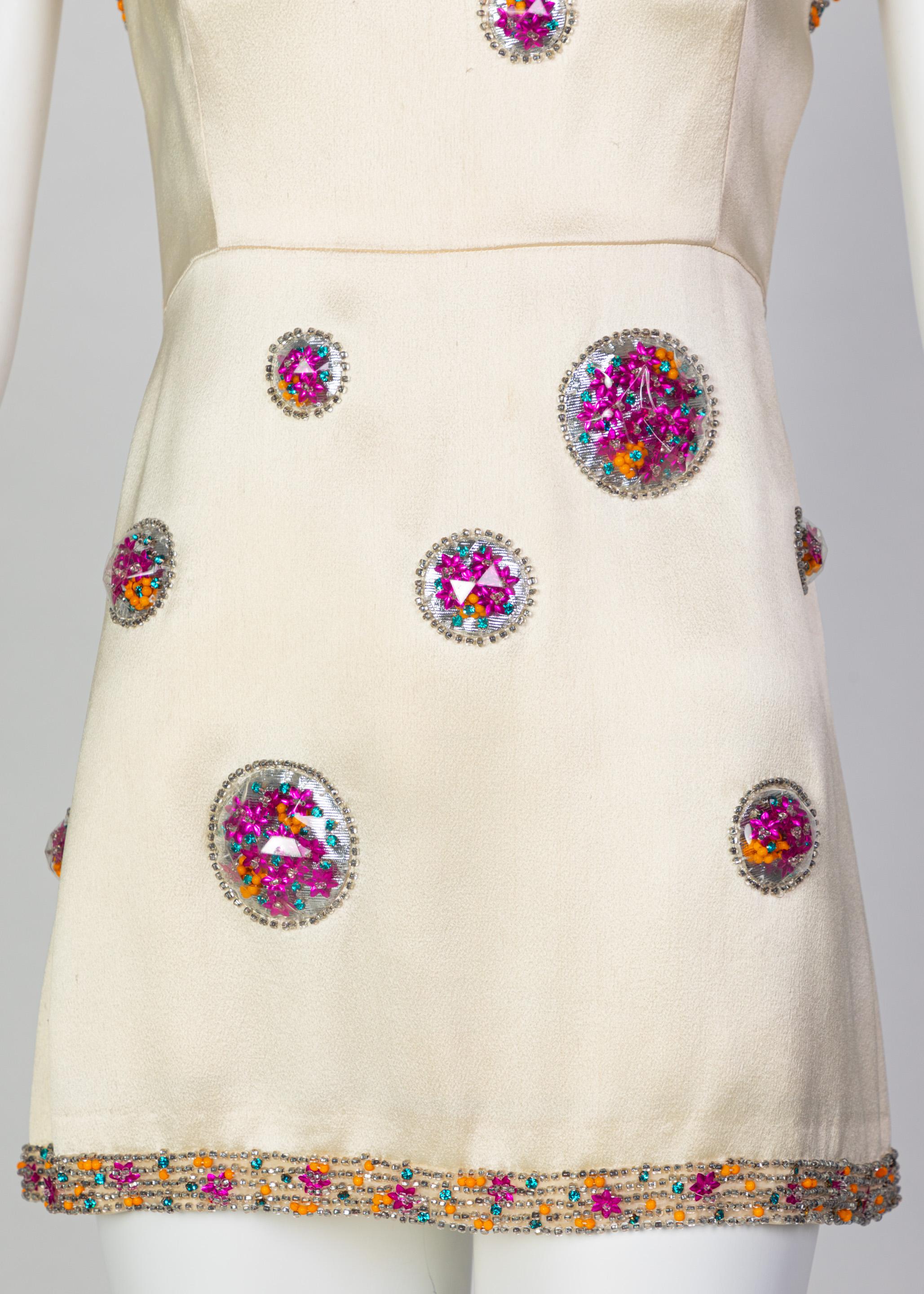 Chloé Karl Lagerfeld Documented Cream Satin Beaded Pod Applique Mini dress, 1969 1