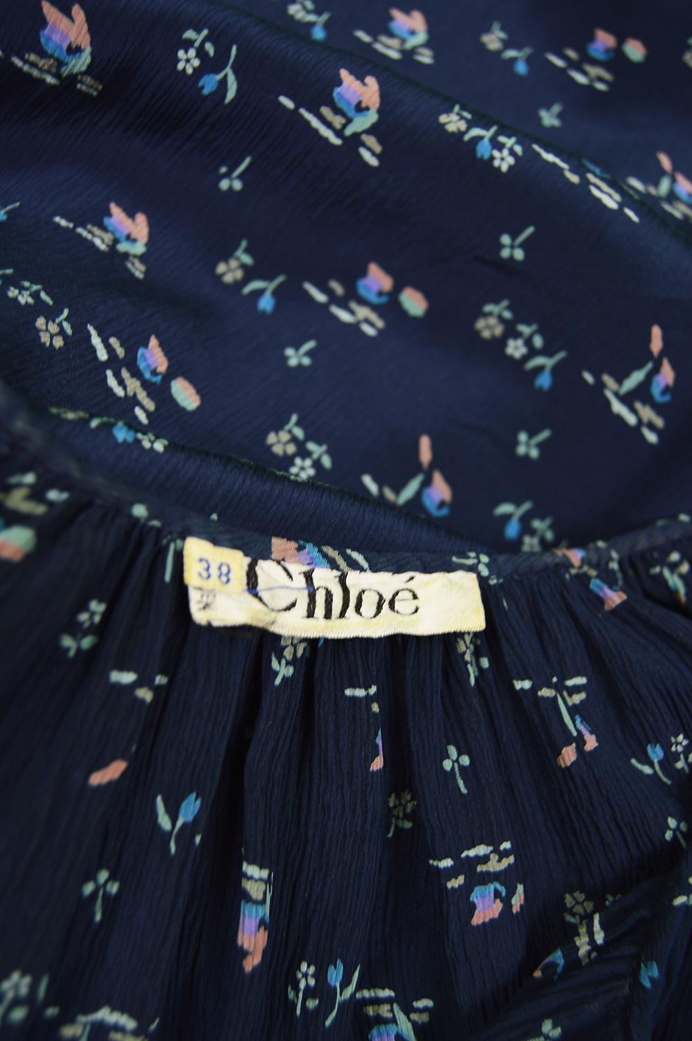 Chloé by Karl Lagerfeld Vintage Dark Blue Crinkled Silk Floral Mini Dress, 1970s 6
