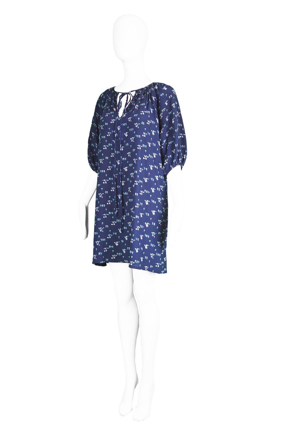 Chloé by Karl Lagerfeld Vintage Dark Blue Crinkled Silk Floral Mini Dress, 1970s 1