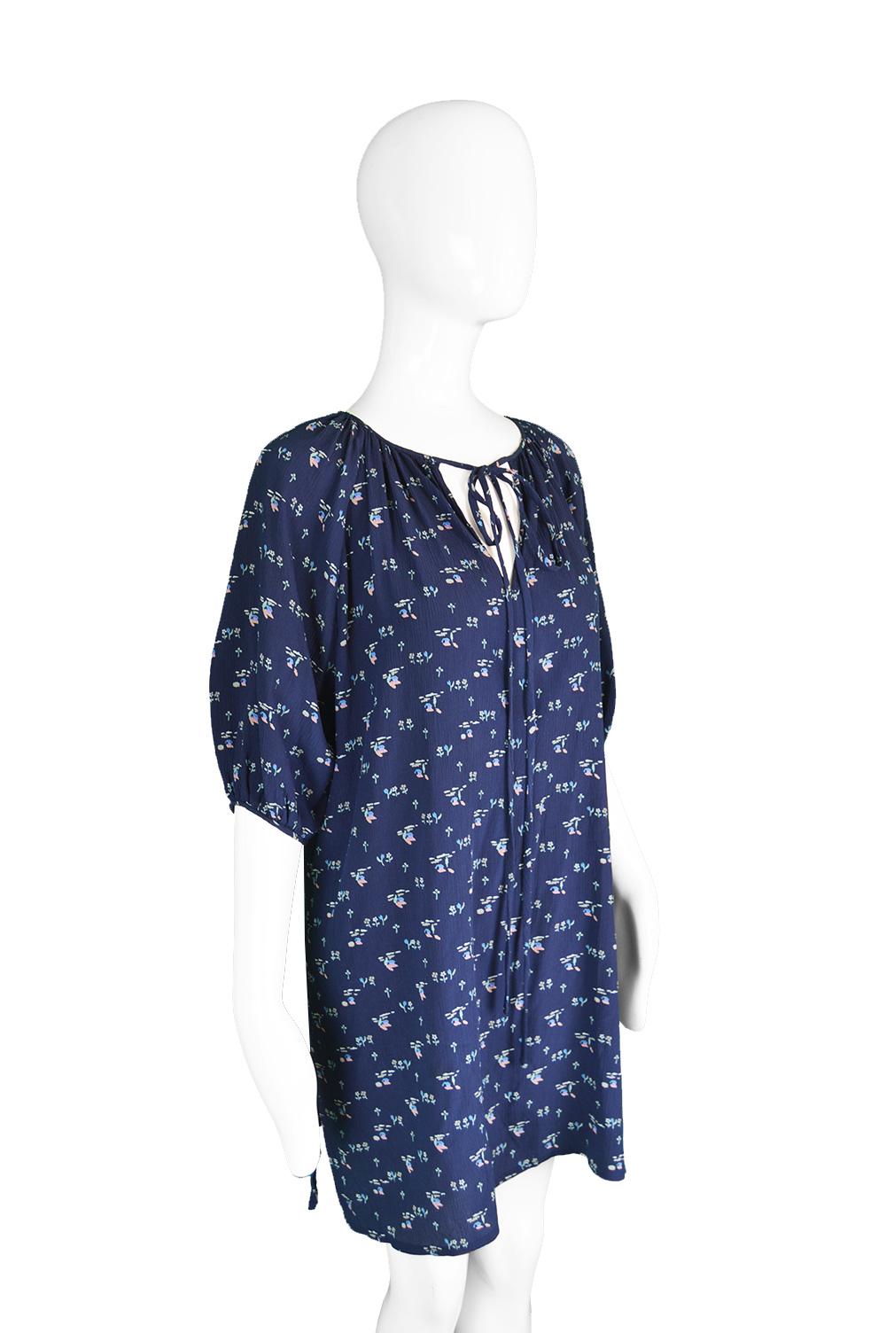 Chloé by Karl Lagerfeld Vintage Dark Blue Crinkled Silk Floral Mini Dress, 1970s 2