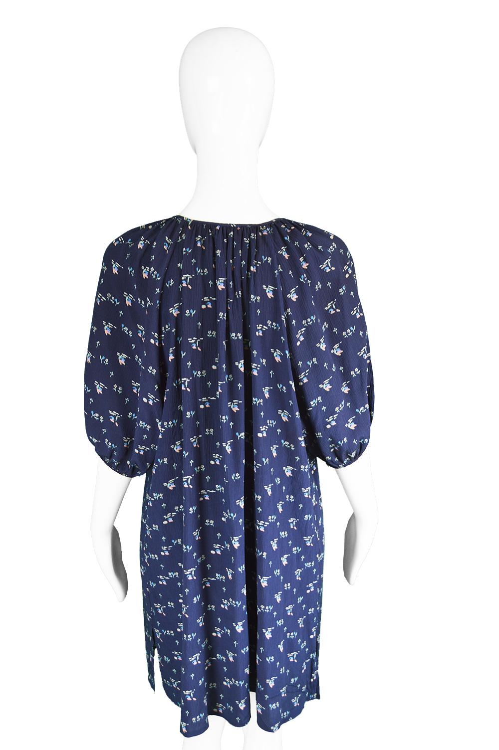 Chloé by Karl Lagerfeld Vintage Dark Blue Crinkled Silk Floral Mini Dress, 1970s 4