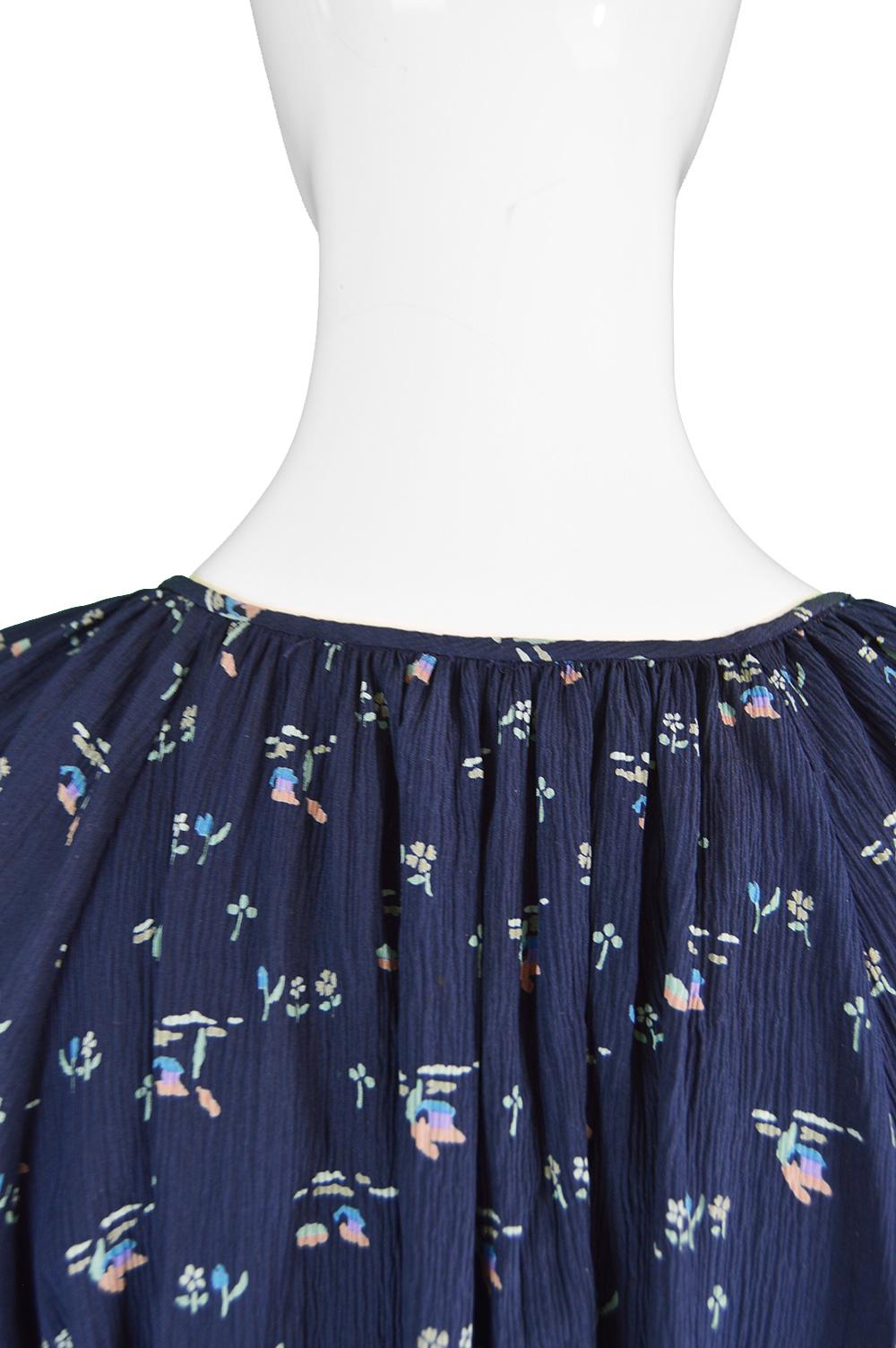 Chloé by Karl Lagerfeld Vintage Dark Blue Crinkled Silk Floral Mini Dress, 1970s 5