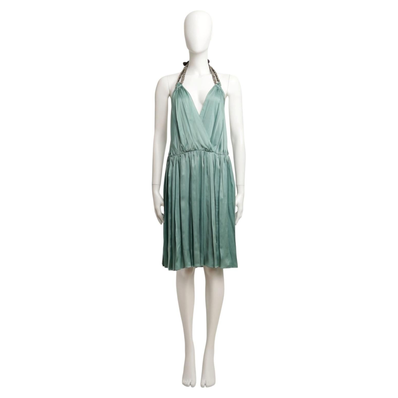 Pre-owned Phoebe Philo Chloe By  S/s 2005 Halterneck Dress W/ Crystals In Green Silk
