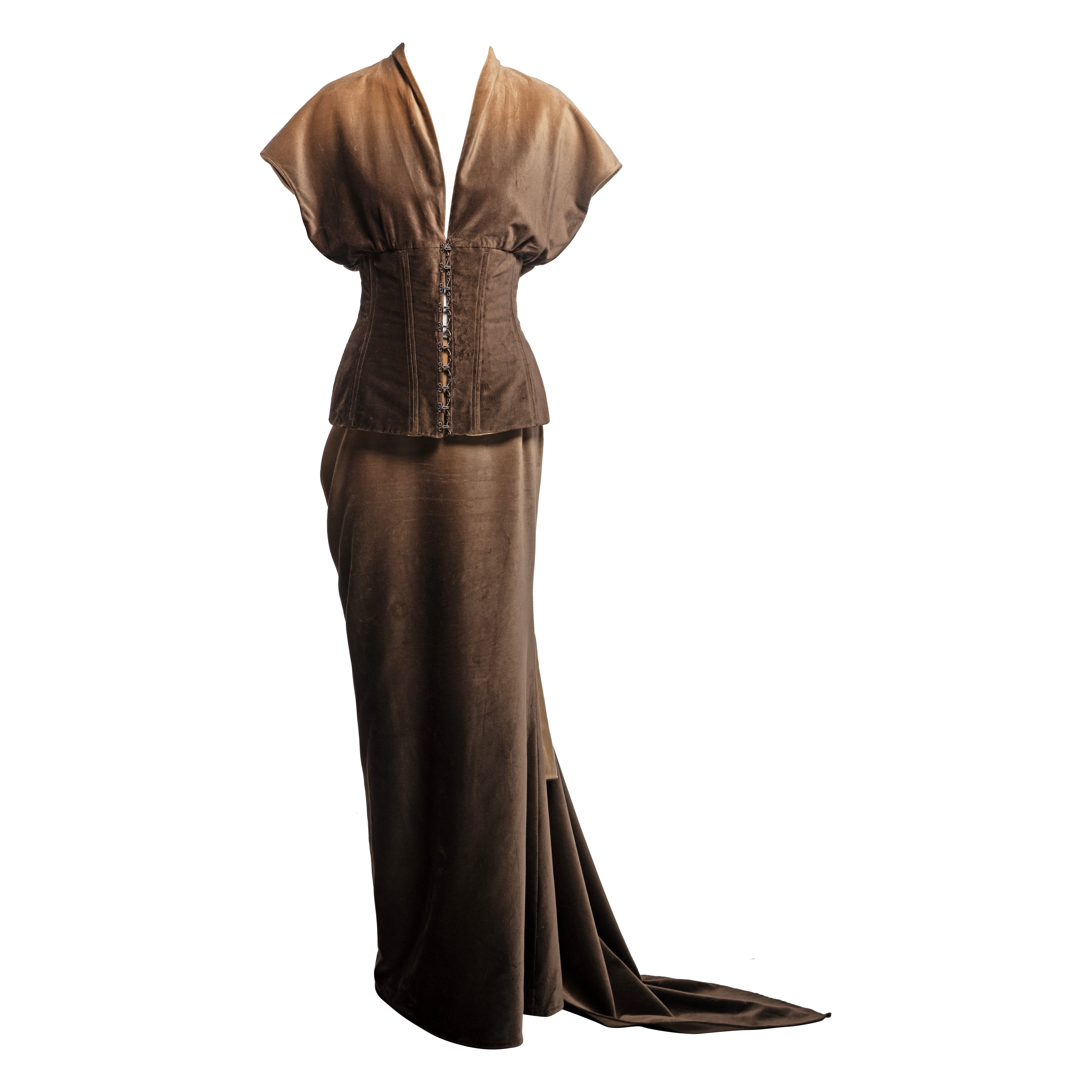 Chloé by Stella McCartney Brown Velvet Corset and Draped Skirt Ensemble, FW 2001