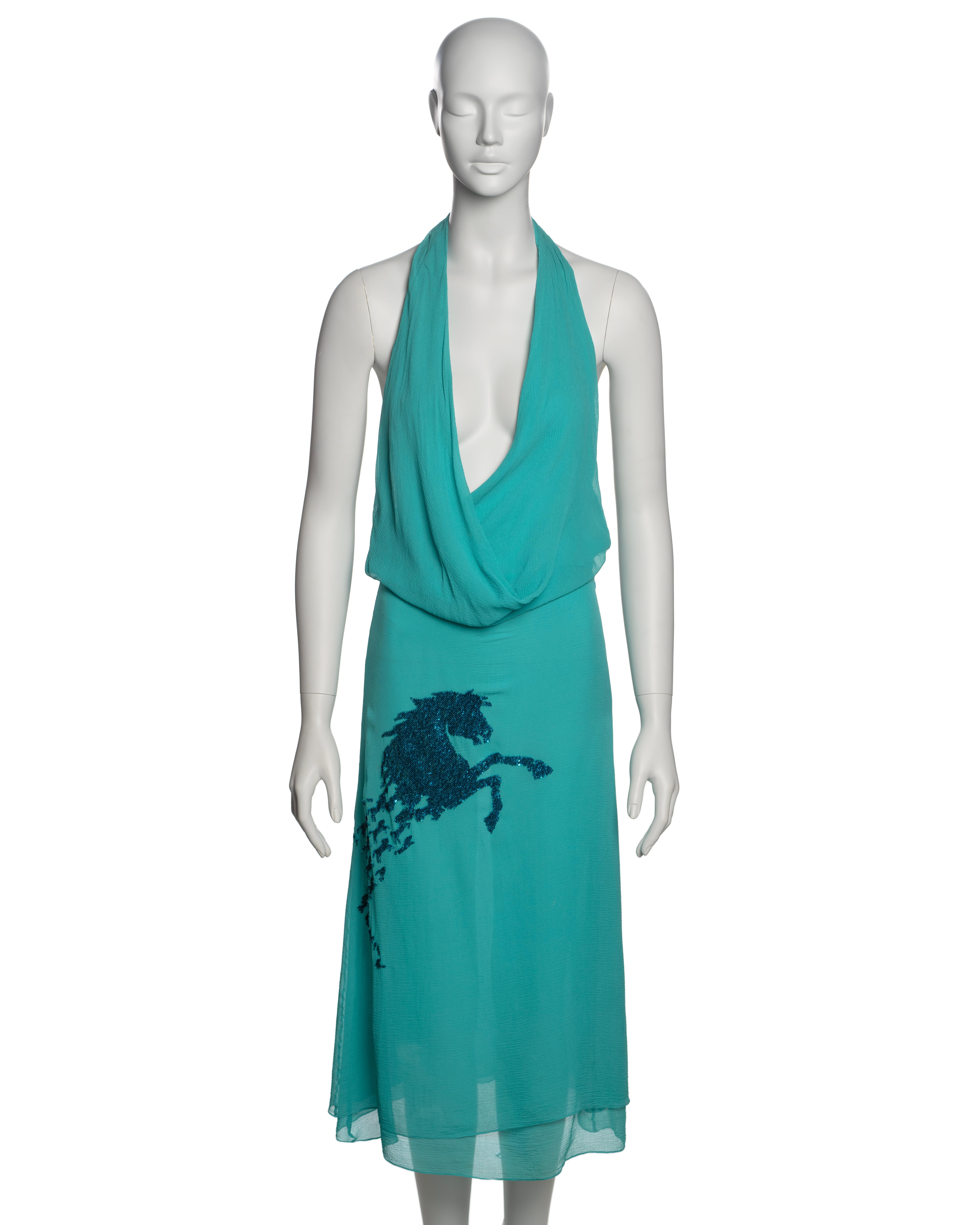 ▪ Brand: Chloe 
▪ Creative Director: Stella McCartney
▪ Collection: Spring-Summer 2001
▪ Fabric: Turquoise silk
 ▪ Details: Sequin embellished horse motif 
▪ Size: approx. FR38 - UK10 - US6 
▪ Made in: France
▪ Condition: Good
▪ Mannequin: 183 cm /