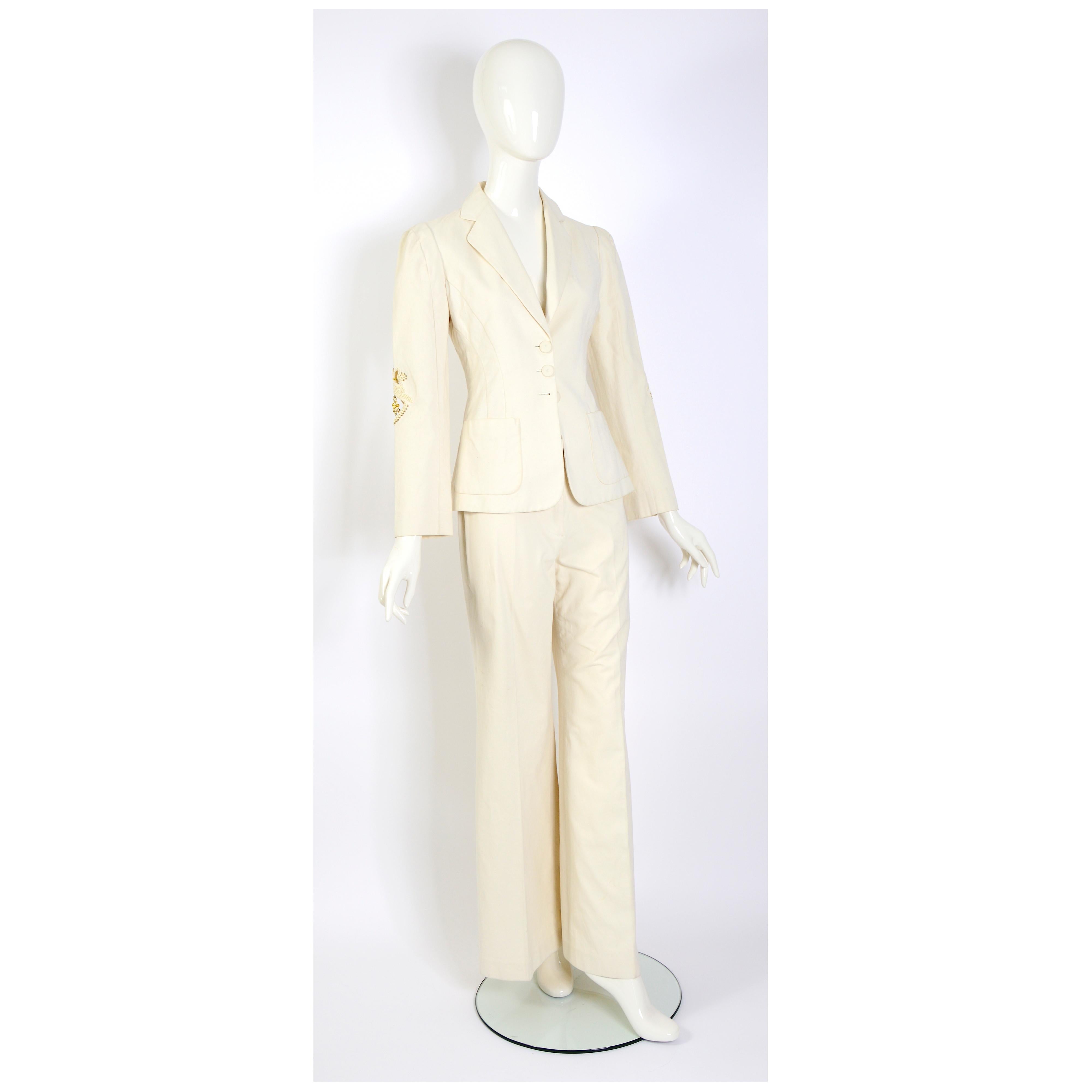 White Chloé by Phoebe Philo vintage S/S 2002 embellished back and sleeves cream suit For Sale