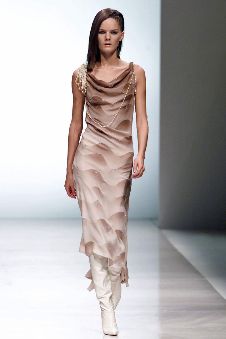 Rare Chloe by Stella McCartney Fall 2001 sleeveless, cowl neck ombre silk bias cut dress.  Neckline draped with attached faux pearl necklace.  The  textile fashioned in earth tone shades graduating in a wave pattern adorned with twinkling tiny