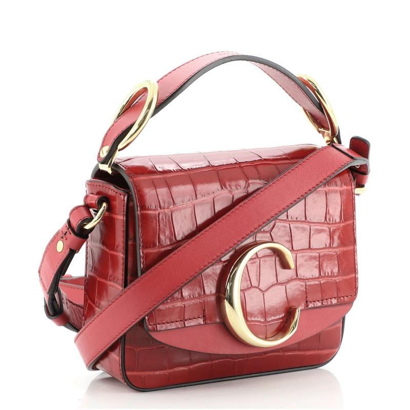 Brown Chloe C Flap Bag Crocodile Embossed Leather Mini