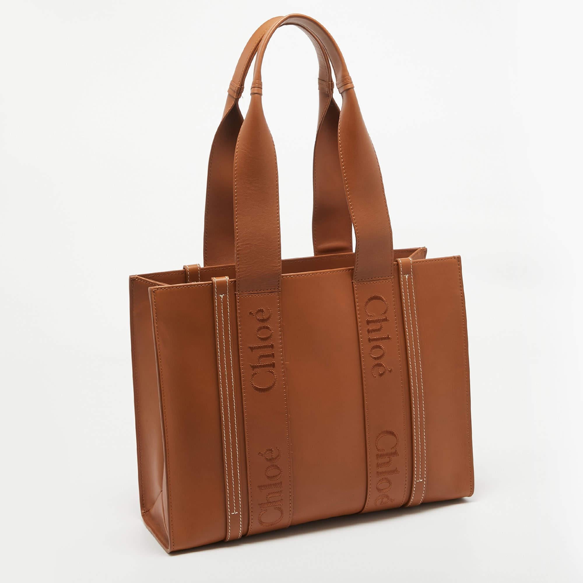Brown Chloe Caramel Leather Medium Woody Tote