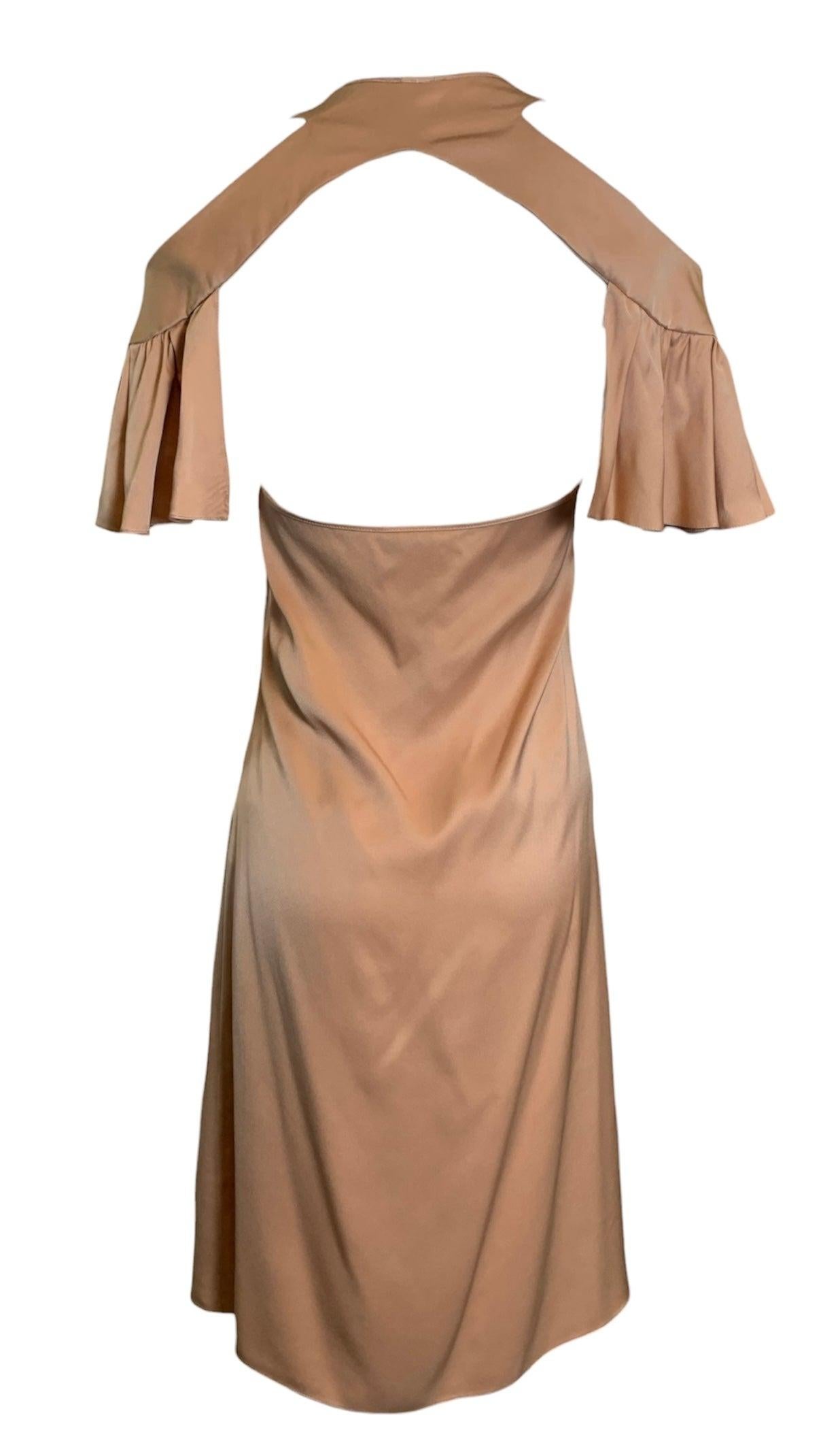 Vestido Chloé Caramelo con Mangas Flutter y Hombros Cucú Marrón en venta