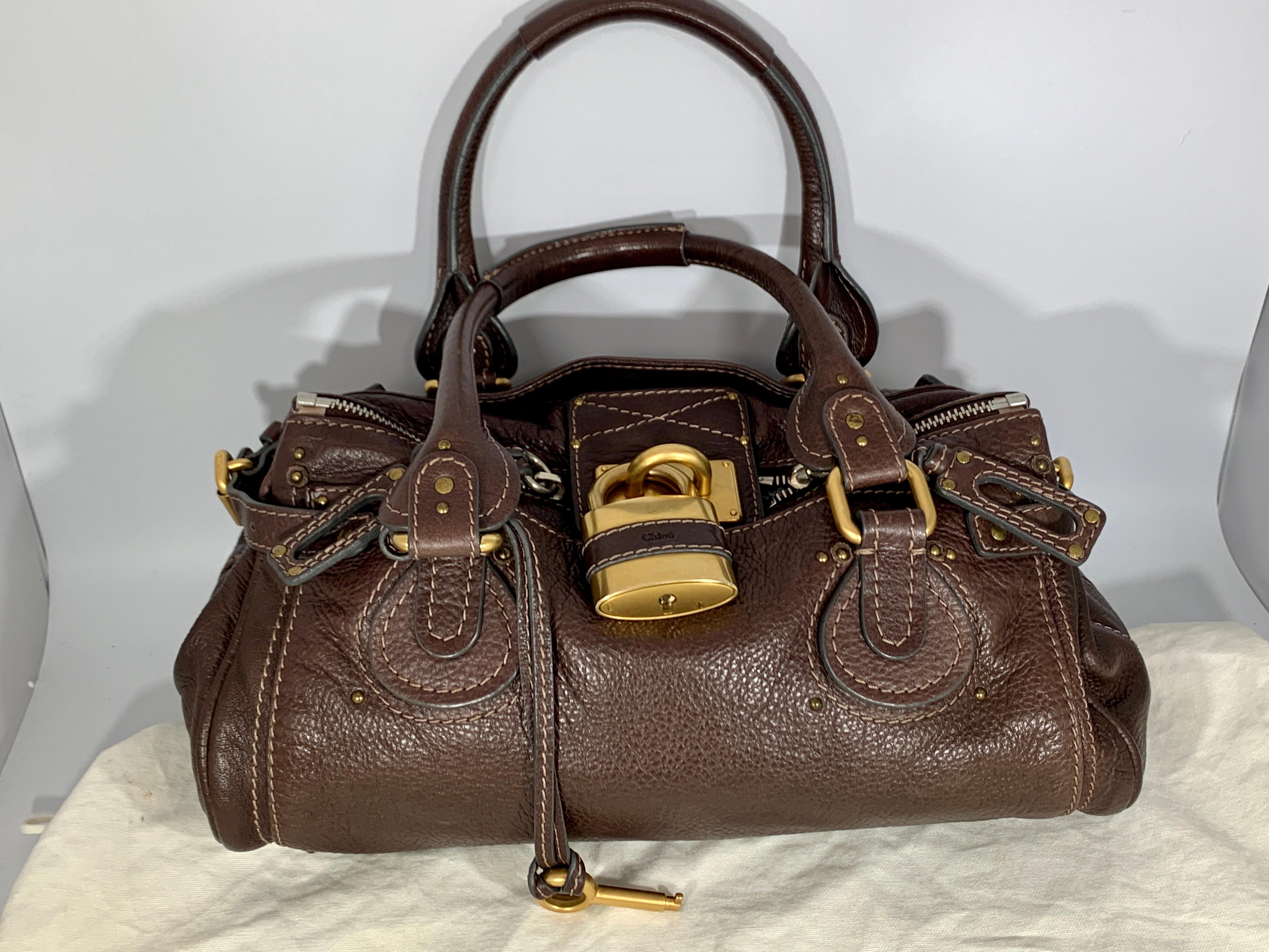 CHLOE Chocolate Brown Leather Paddington Medium Satchel Bag with Lock & Key In Excellent Condition In New York, NY