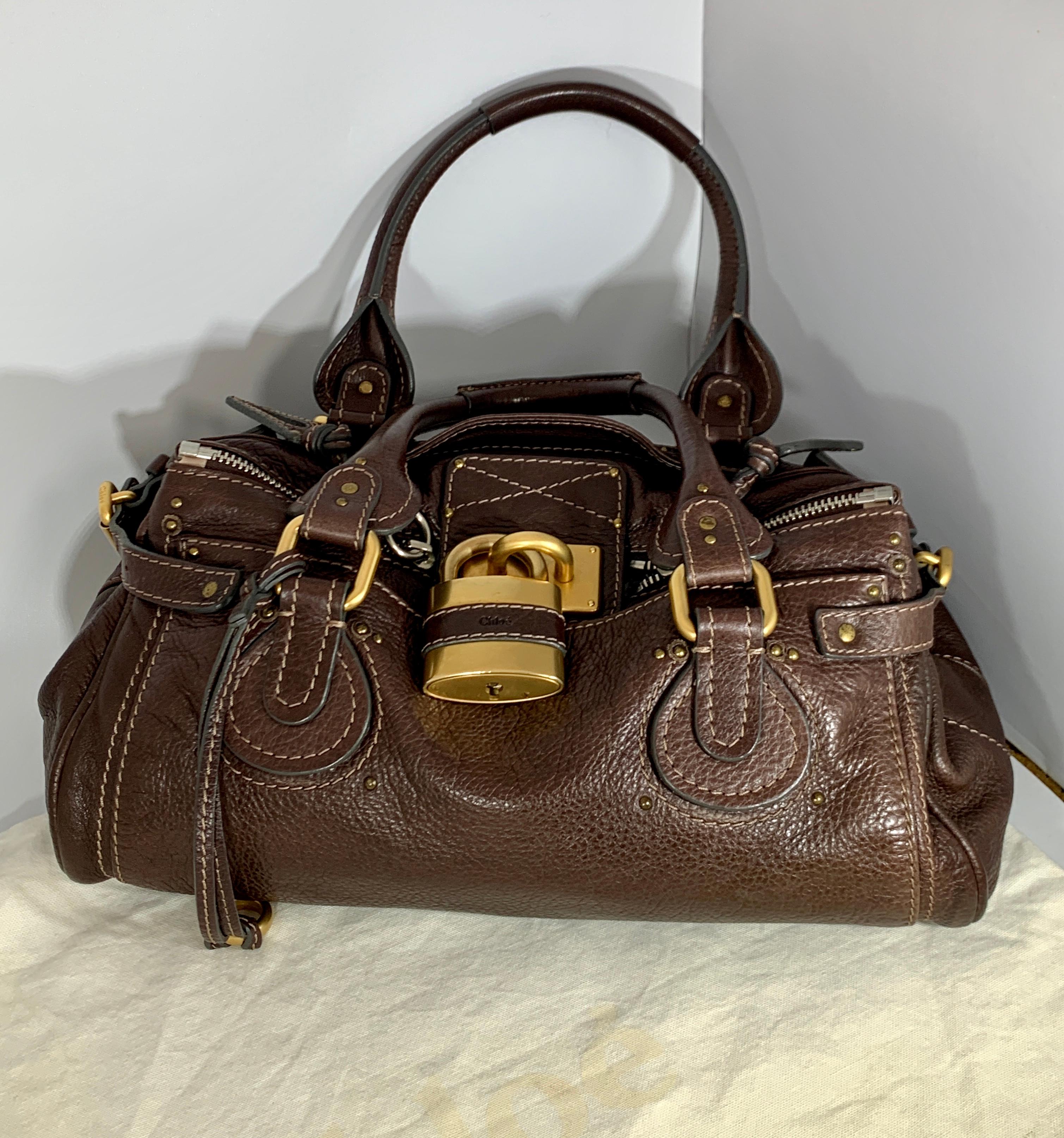 CHLOE Chocolate Brown Leather Paddington Medium Satchel Bag with Lock & Key 3