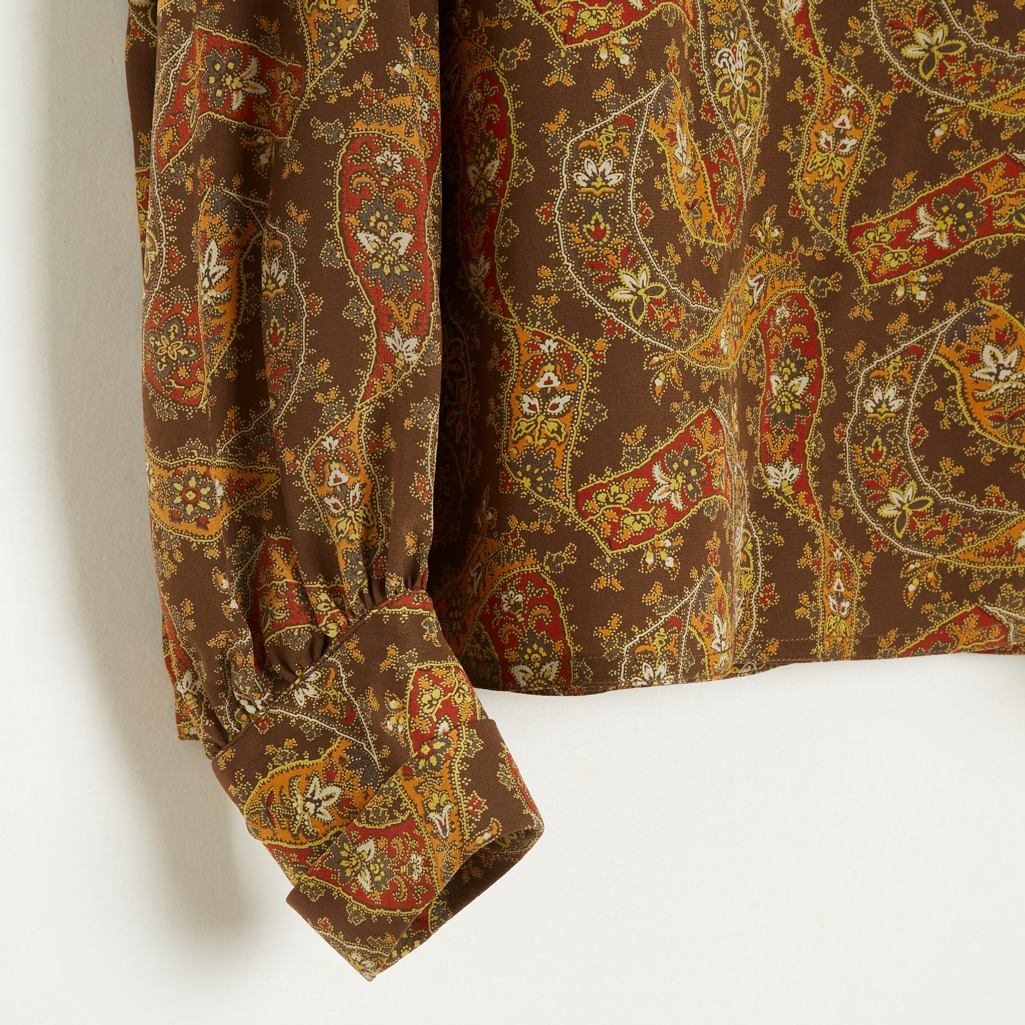 Women's Chloé circa 1985 Top FR38 Khaki Brown Paisley Silk Blouse UK10 US8 Chloe For Sale