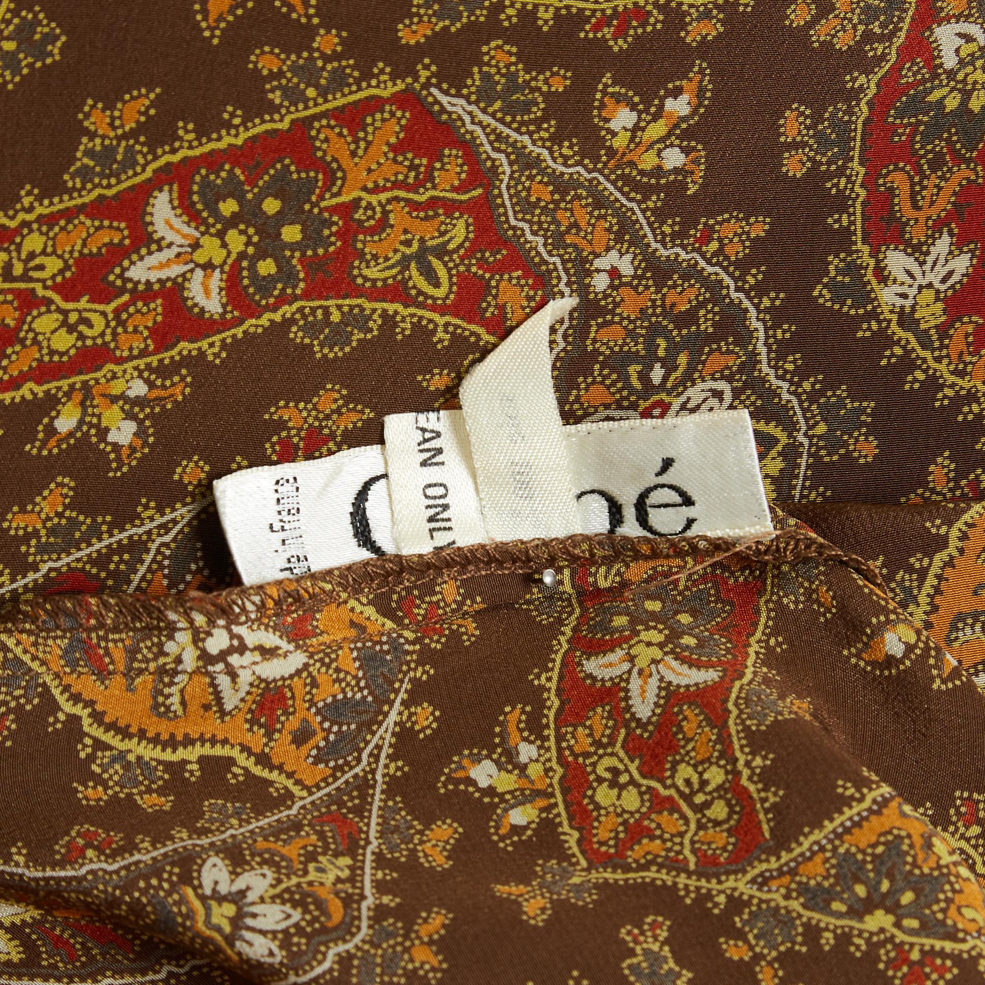 Chloé circa 1985 Top FR38 Khaki Brown Paisley Silk Blouse UK10 US8 Chloe For Sale 1