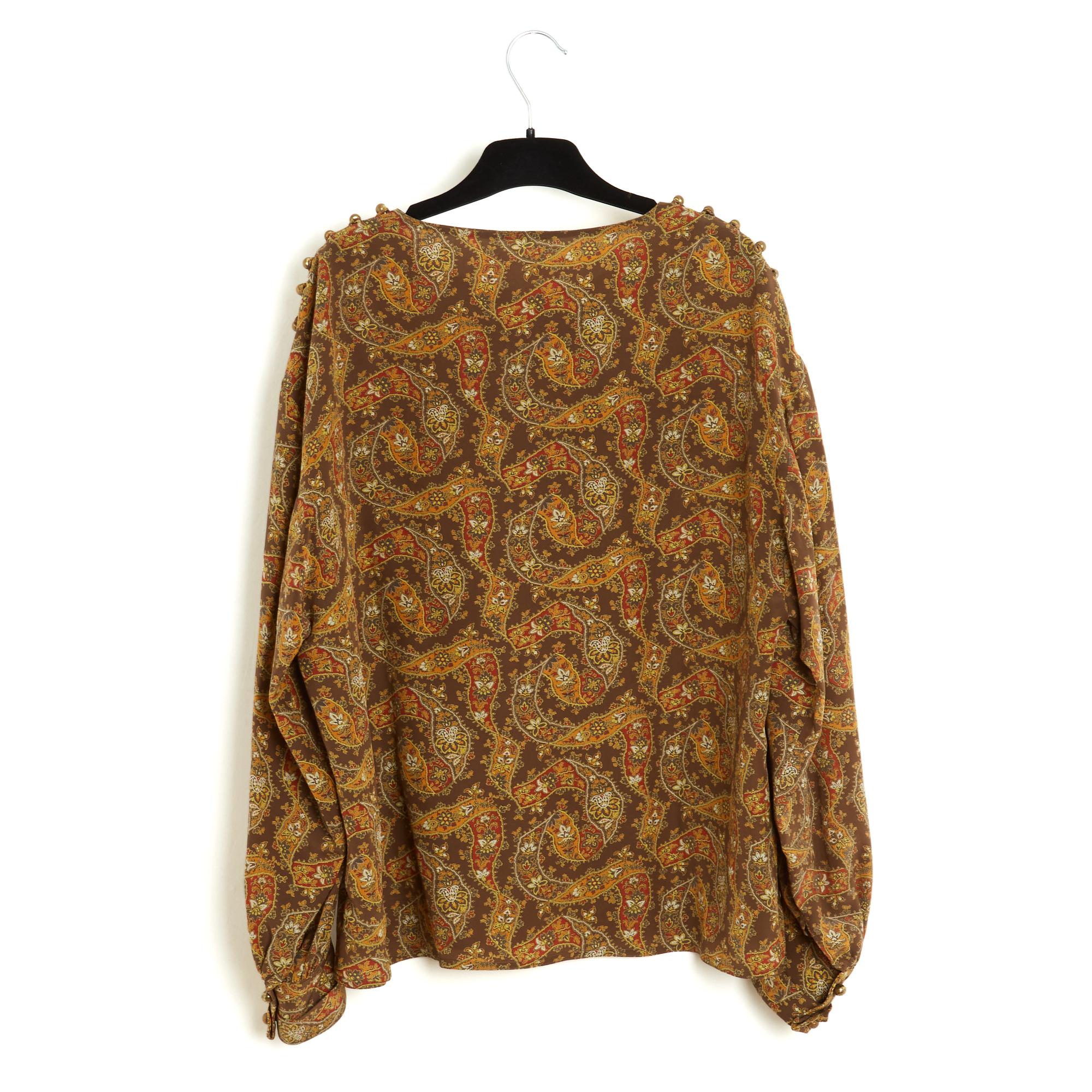 Chloé circa 1985 Top FR38 Khaki Brown Paisley Silk Blouse UK10 US8 Chloe For Sale 2