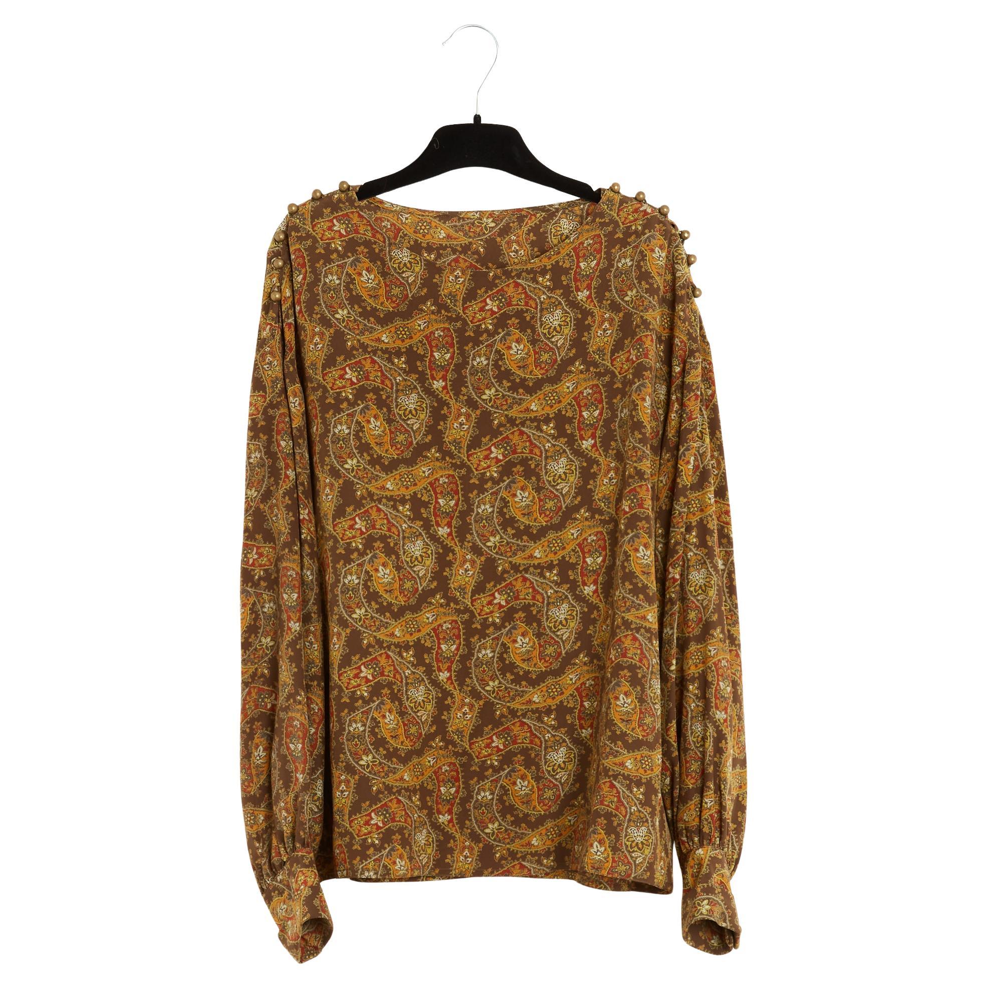 Chloé circa 1985 Top FR38 Khaki Brown Paisley Silk Blouse UK10 US8 Chloe