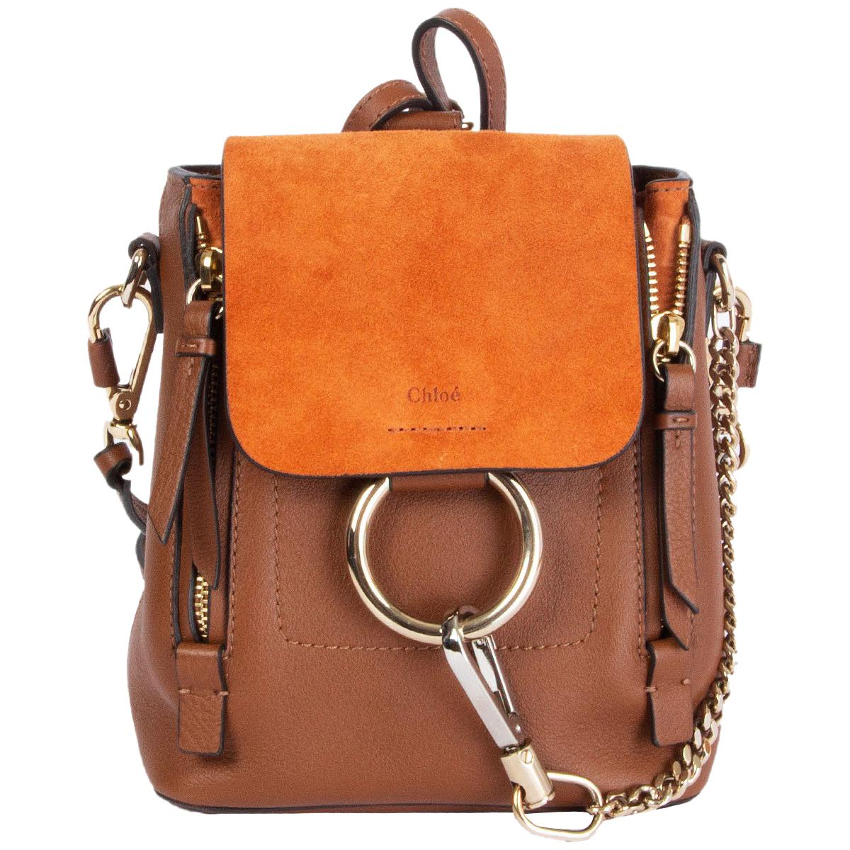 CHLOE cognac brown & orange leather & suede FAYE MINI Backpack Bag