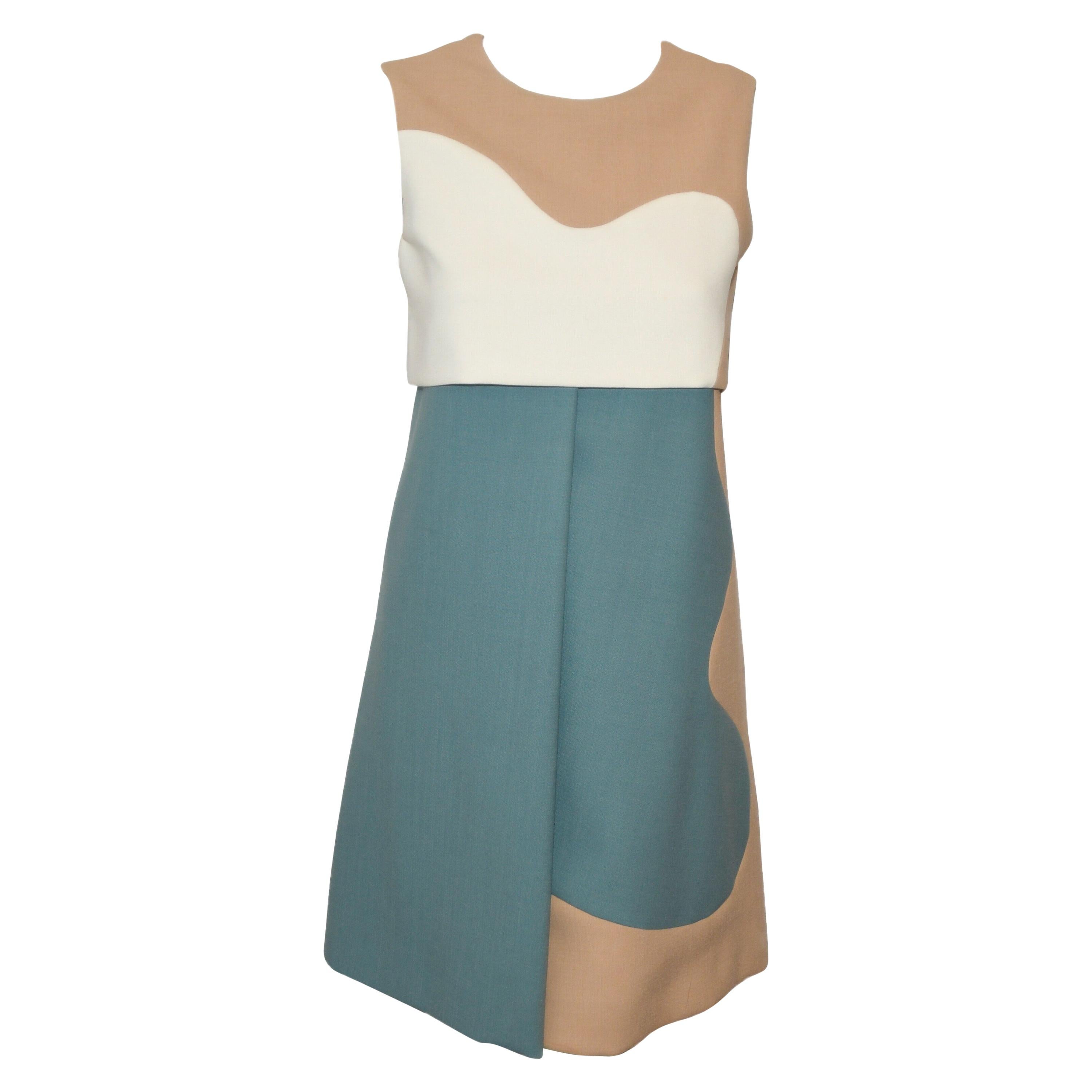 Chloe Color Block White, Tan & Sage Sleeveless Dress With Front Pleat  For Sale
