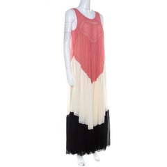 Chloe Coral Cream and Black Color Block Silk Chiffon Ruffled Maxi Dress M