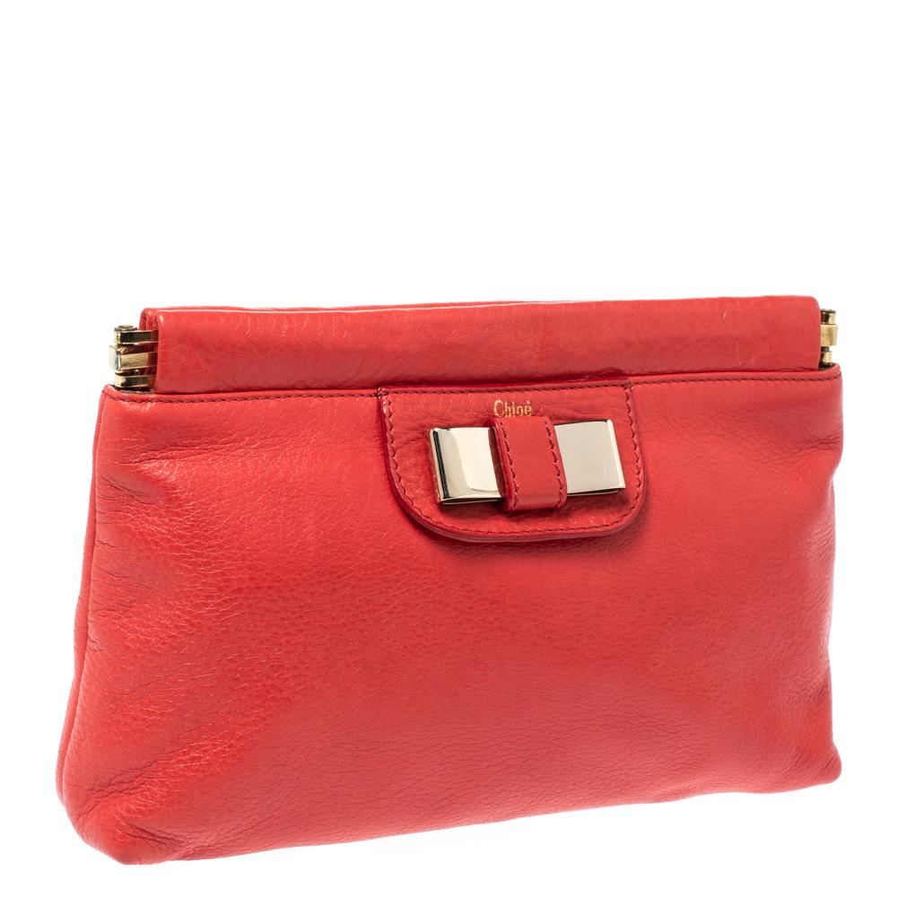Chloe Coral Orange Leather Bow Clutch For Sale 5