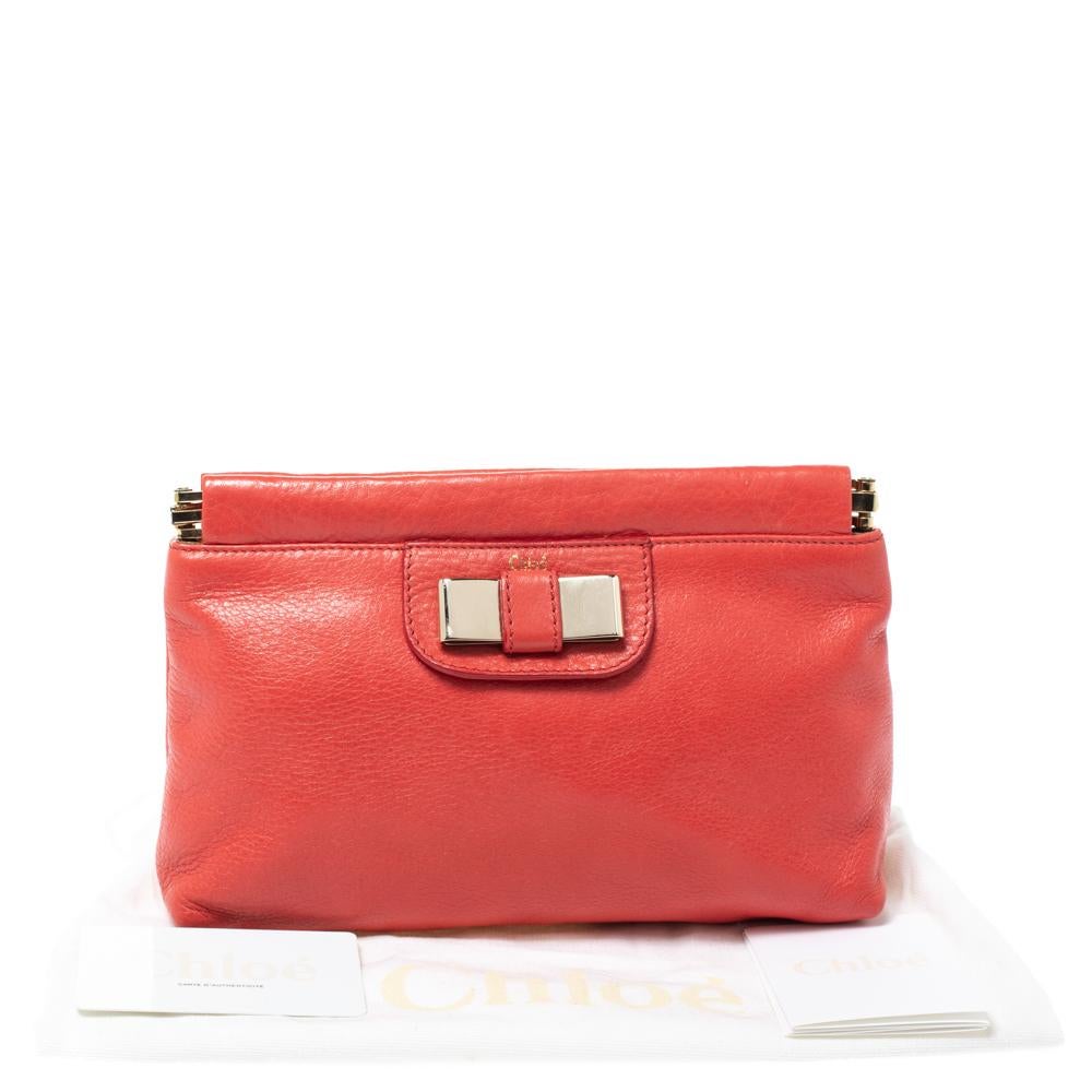 Chloe Coral Orange Leather Bow Clutch For Sale 7