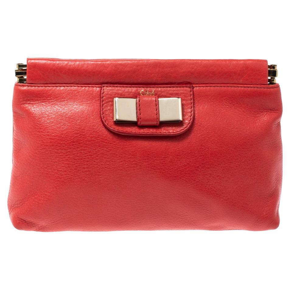 Chloe Coral Orange Leather Bow Clutch For Sale