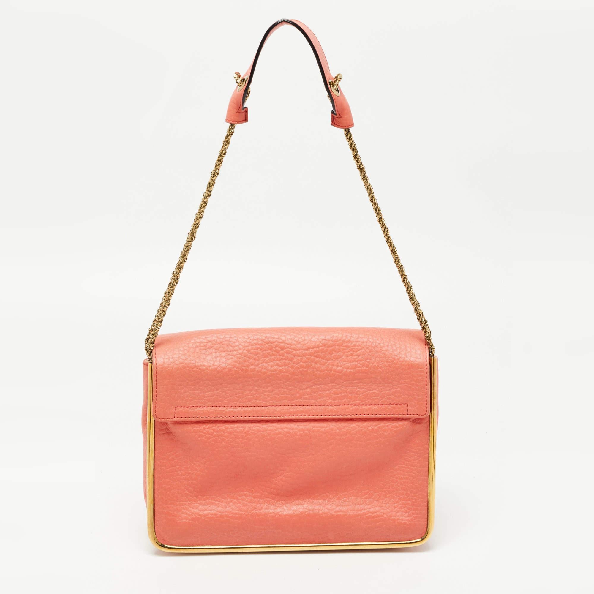 Chloe Coral Orange Leather Medium Sally Flap Shoulder Bag In Good Condition In Dubai, Al Qouz 2