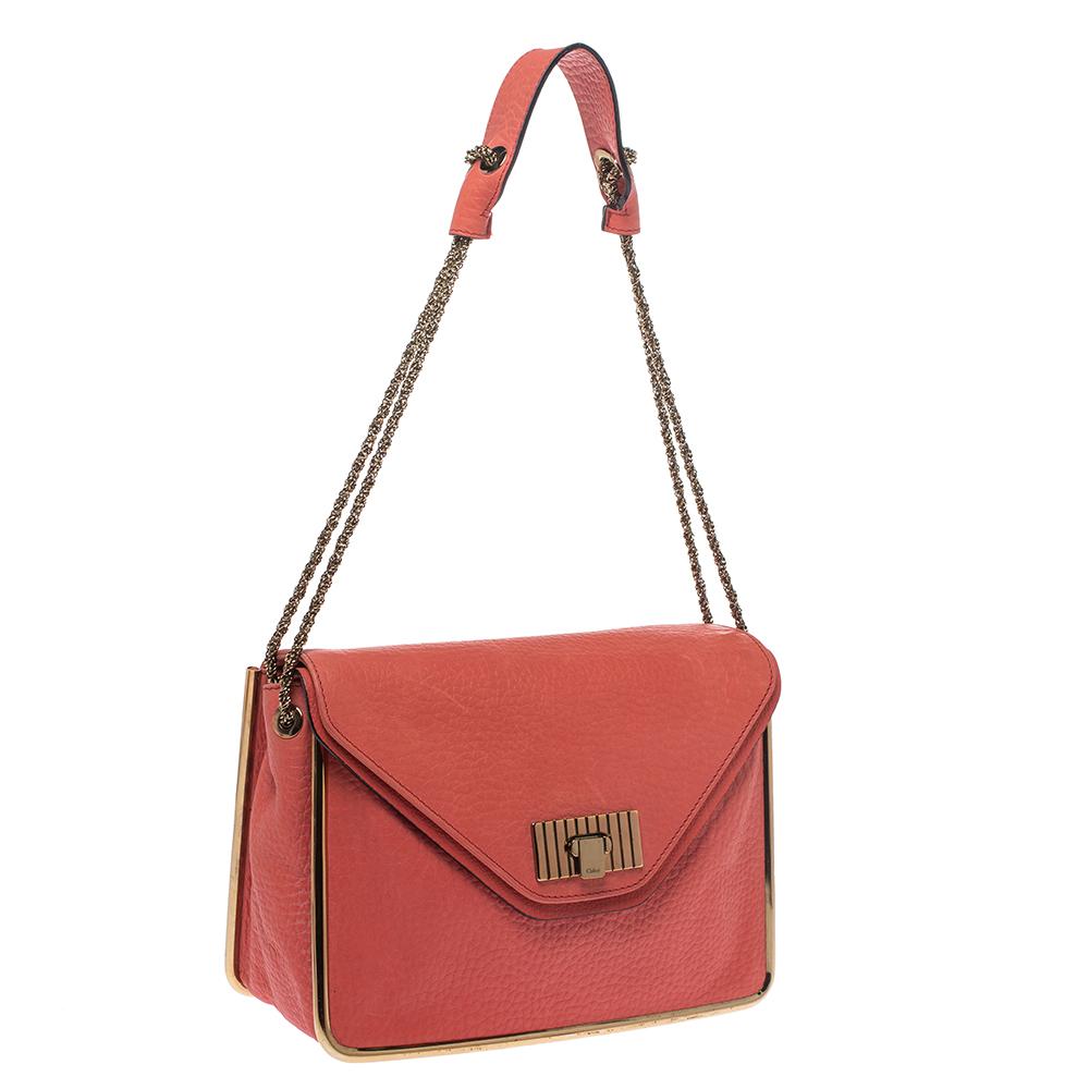 Pink Chloe Coral Orange Leather Medium Sally Flap Shoulder Bag