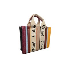 Chloé Cotton Calfskin Small Woody Tote Bag with Striped Ribbon