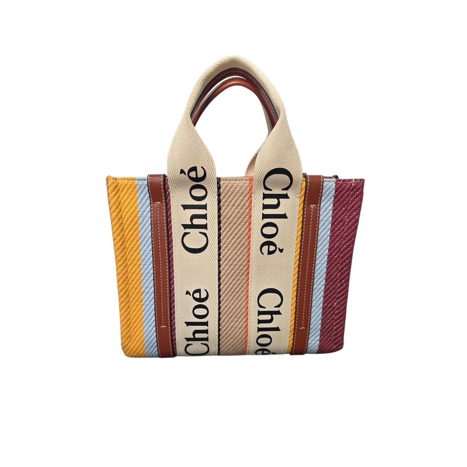 Marron Chloe Cotton Calfskin Small Woody Striped Ribbon Tote en vente