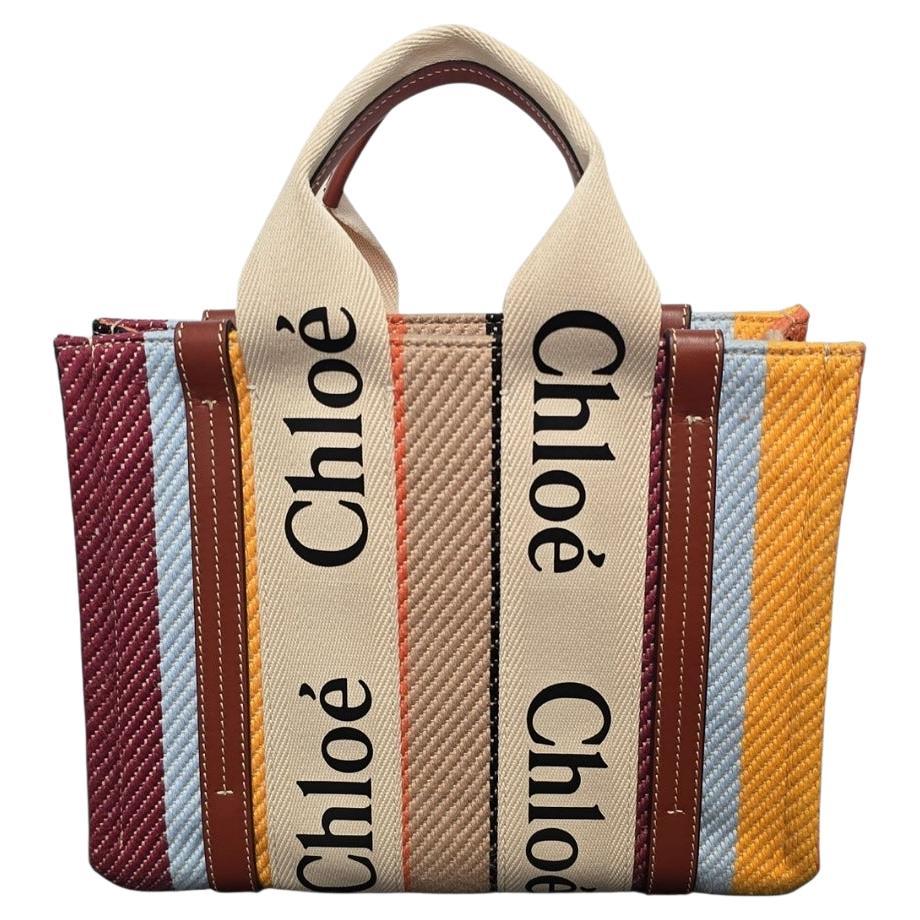 Chloe Cotton Calfskin Small Woody Striped Ribbon Tote en vente