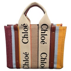 Chloé Cotton Calfskin Small Woody Tote Bag with Striped Ribbon