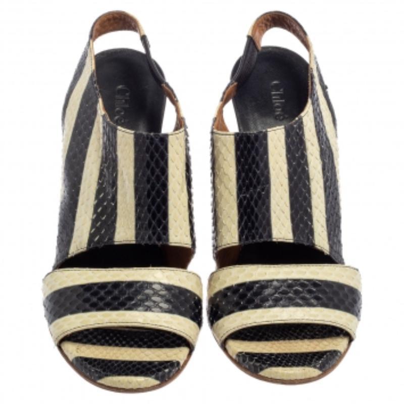 Chloe Cream/Black Striped Python Ayers Wedge Slingback Sandals 39 In Good Condition For Sale In Dubai, Al Qouz 2