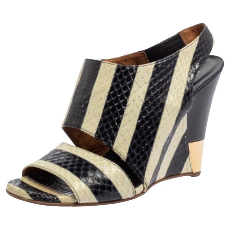 Chloe Cream/Black Striped Python Ayers Wedge Slingback Sandals 39 For Sale