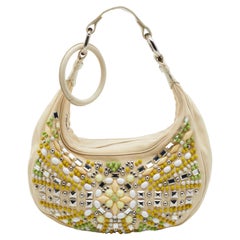 Chloe Cream Canvas and Leather Crystal Embellished Crescent Hobo