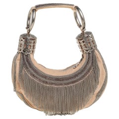 Chloe Cream Canvas Metal Fringed Crescent Hobo