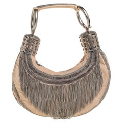 Chloe Cream Canvas Metal Fringed Crescent Hobo