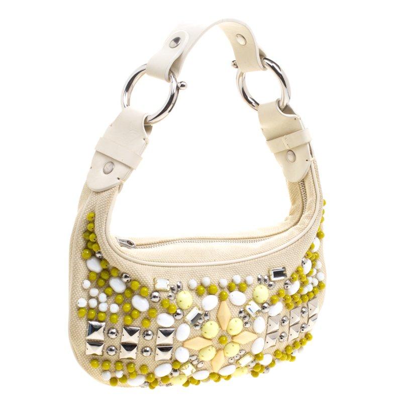 Beige Chloe Cream Canvas Multi Stone Embellished Shoulder Bag