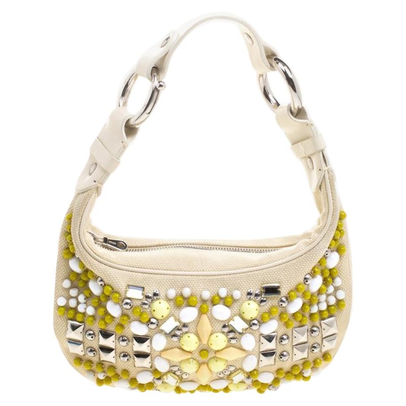 Chloe Cream Canvas Multi Stone Embellished Shoulder Bag